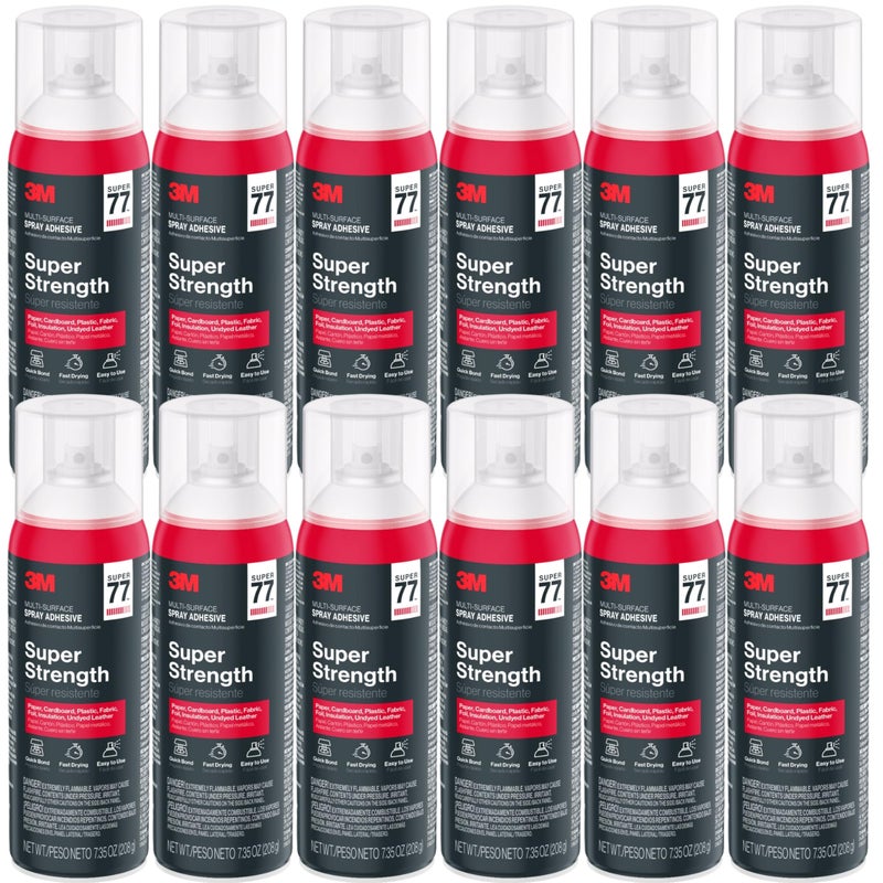 3M Super 77 Multipurpose Spray Adhesive, 7.35 oz Cans, Pack of 12 â€“ Bulk High-Strength Spray Glue for Foam, Fabric, Plastic, Paper, Cardboard, Metal & More - Image 1